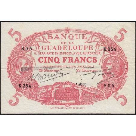 Guadeloupe - Pick 7s - 5 francs - Série K.354 - Avec filigrane - 1945 - Etat : TTB