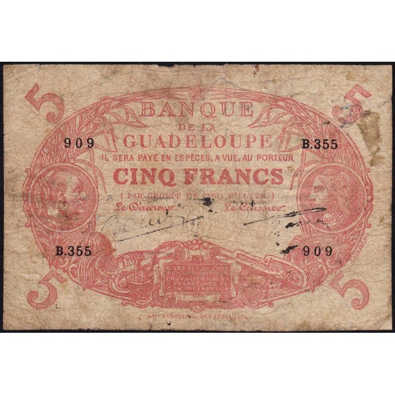 Guadeloupe - Pick 7s - 5 francs - Série B.355 - Avec filigrane - 1945 - Etat : B+