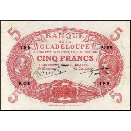 Guadeloupe - Pick 7s - 5 francs - Série P.356 - Avec filigrane - 1945 - Etat : TTB