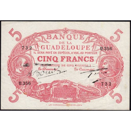 Guadeloupe - Pick 7s - 5 francs - Série U.356 - Avec filigrane - 1945 - Etat : TTB+