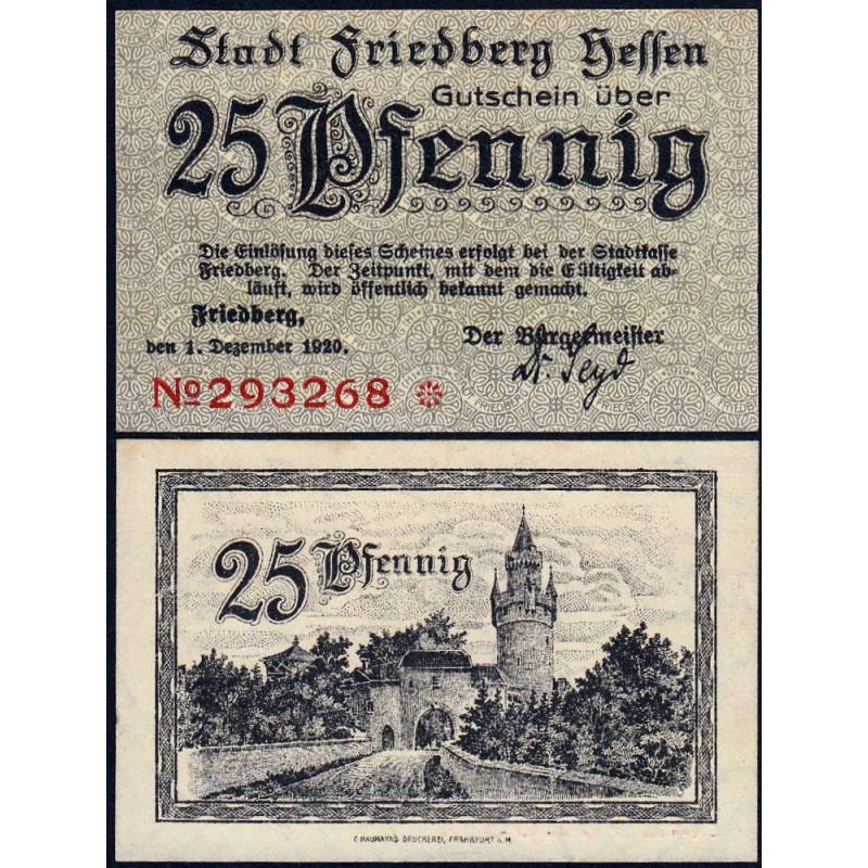 Allemagne - Notgeld - Friedberg - 25 pfennig - 01/12/1920 - Etat : SPL