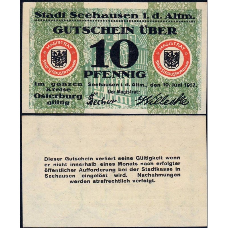Allemagne - Notgeld - Seehausen-in-Altmark - 10 pfennig - 10/06/1917 - Etat : SPL