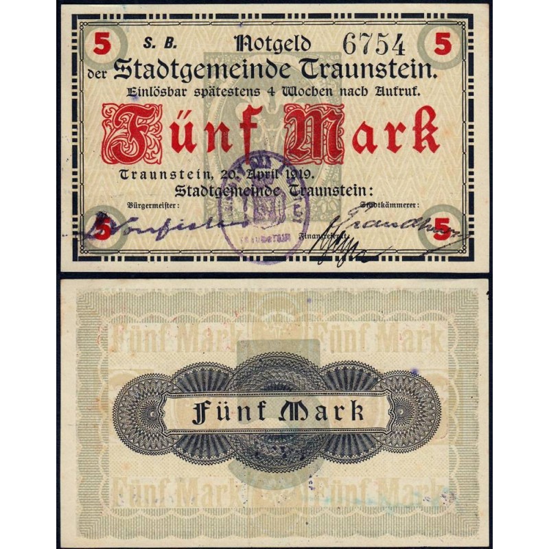 Allemagne - Notgeld - Traunstein - 5 mark - 20/04/1919 - Etat : NEUF