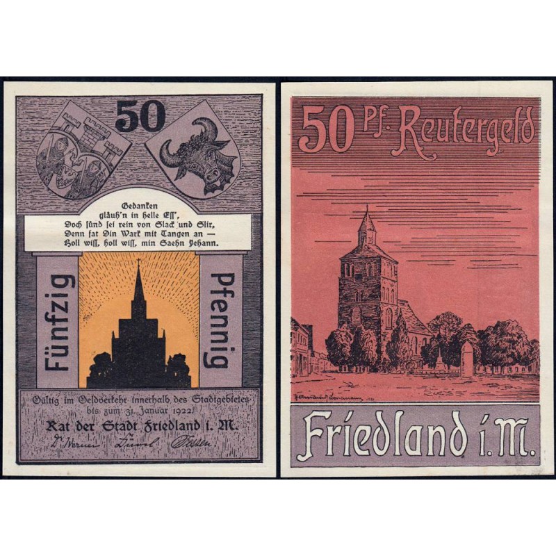 Allemagne - Notgeld - Friedland - 50 pfennig - 1921 - Etat : pr.NEUF