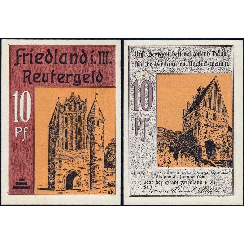 Allemagne - Notgeld - Friedland - 10 pfennig - 1922 - Etat : NEUF