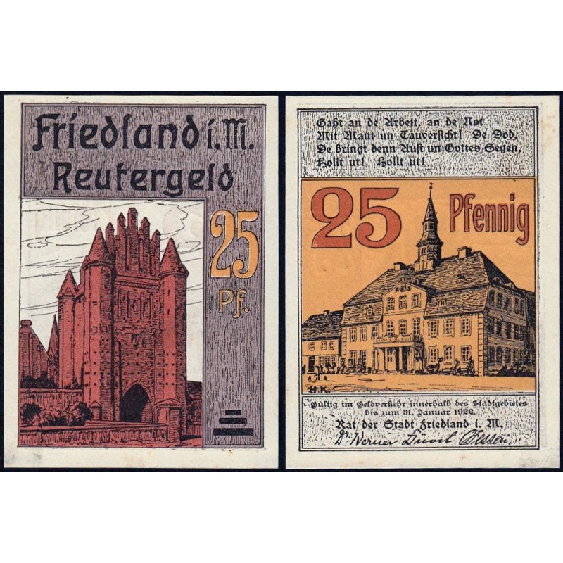 Allemagne - Notgeld - Friedland - 25 pfennig - 1922 - Etat : NEUF