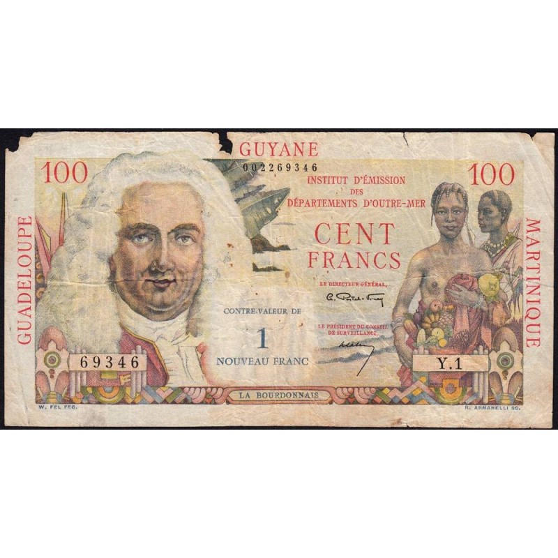 Antilles Françaises - Pick 1 - 1 nouv. franc sur 100 francs - Série Y.1 - 1960 - Etat : B