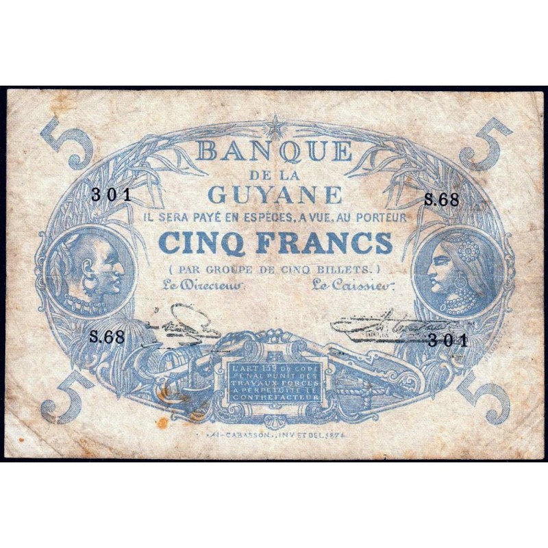 Guyane Française - Pick 1j - 5 francs - Série S.68 - 1946 - Etat : TB