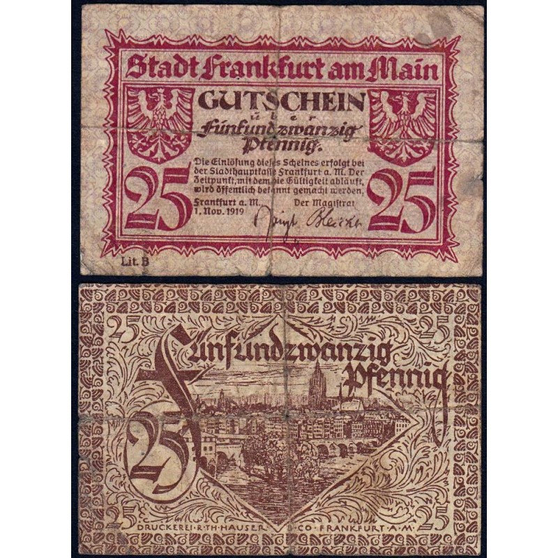 Allemagne - Notgeld - Frankfurt am Main - 25 pfennig - Série B - 01/11/1919 - Etat : TB-