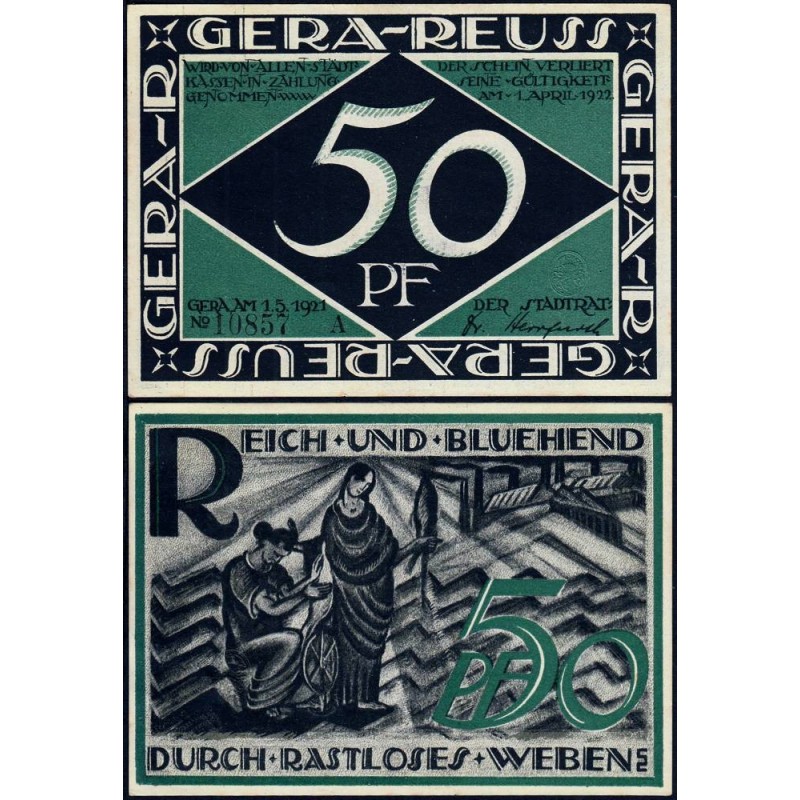 Allemagne - Notgeld - Gera - 50 pfennig - Série A - 01/05/1921 - Etat : NEUF