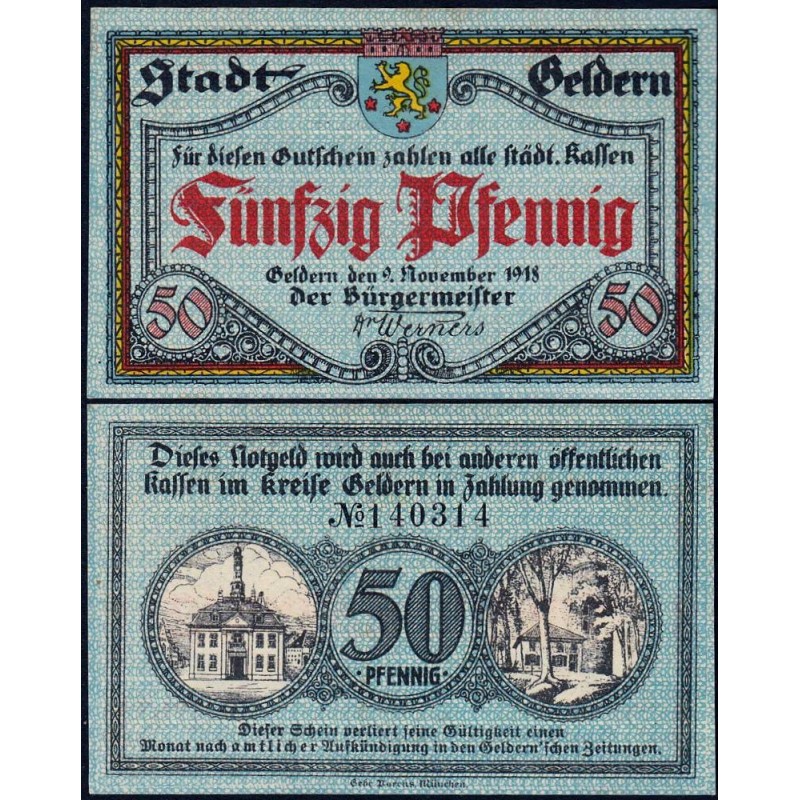 Allemagne - Notgeld - Geldern - 50 pfennig - Type b - 09/11/1918 - Etat : SPL+