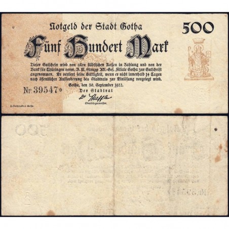 Allemagne - Notgeld - Gotha - 500 mark - Type 2 - 30/09/1922 - Etat : TB+