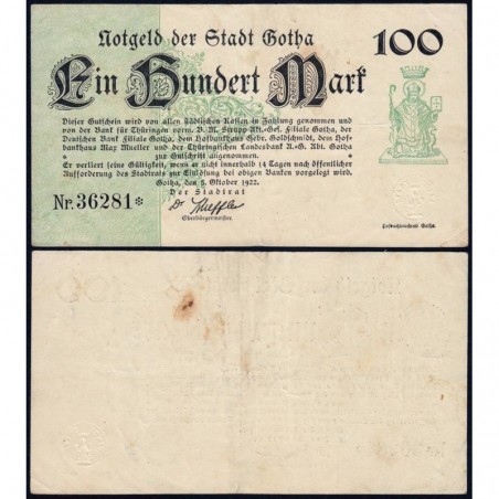 Allemagne - Notgeld - Gotha - 100 mark - 05/10/1922 - Etat : TTB