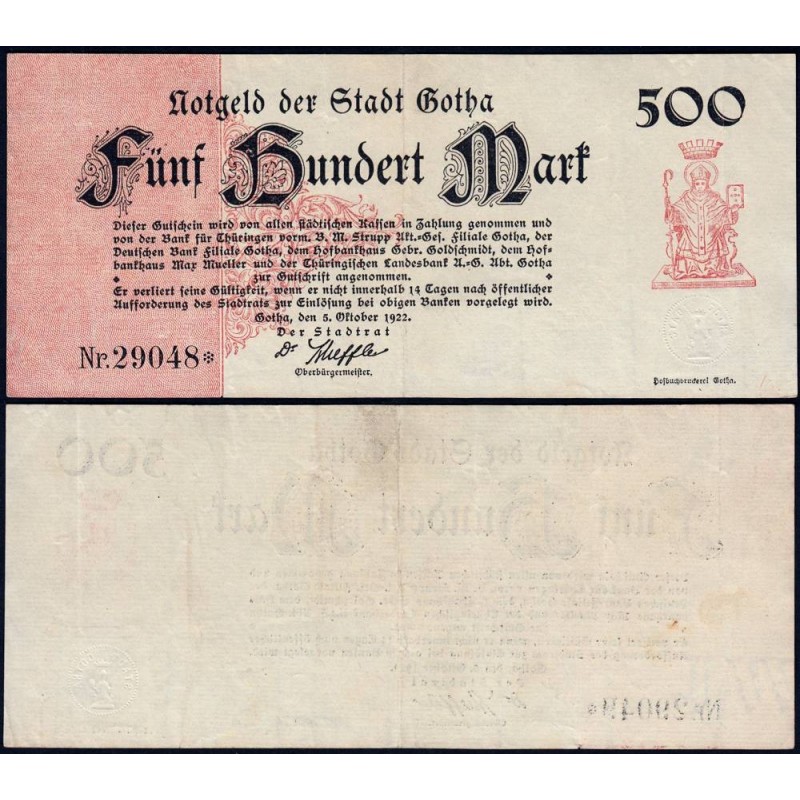 Allemagne - Notgeld - Gotha - 500 mark - 05/10/1922 - Etat : TTB