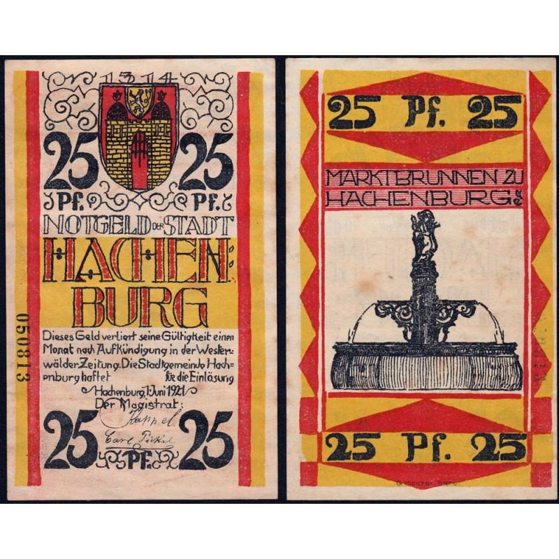 Allemagne - Notgeld - Hachenburg - 25 pfennig - 01/06/1921 - Type c - Etat : SUP