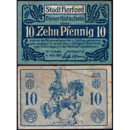 Allemagne - Notgeld - Herford - 10 pfennig - 04/03/1920 - Etat : TB