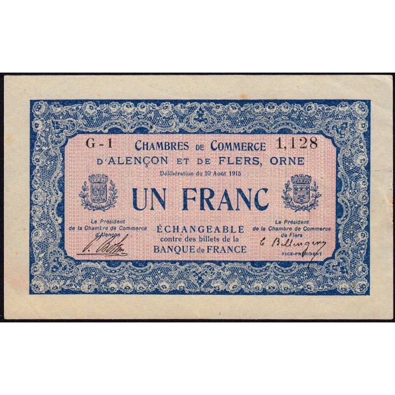 Alençon & Flers (Orne) - Pirot 6-4 - 1 franc - Série G1 - 10/08/1915 - Etat : TTB+