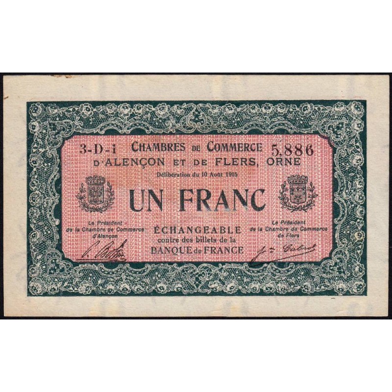 Alençon & Flers (Orne) - Pirot 6-34 - 1 franc - Série 3D1 - 10/08/1915 - Etat : SUP
