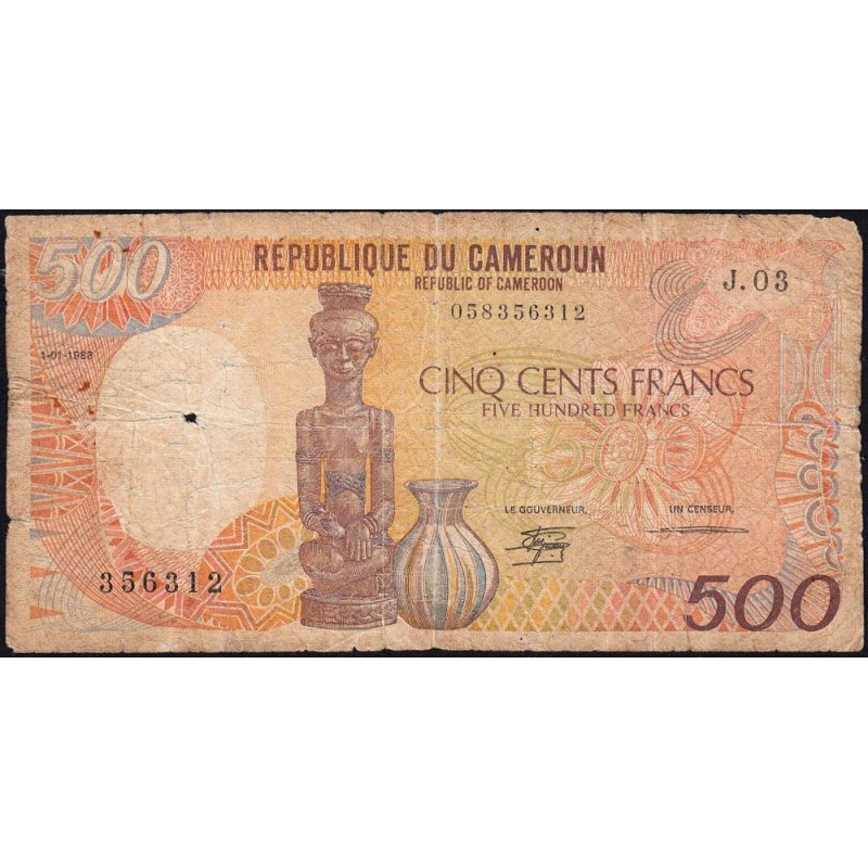 Cameroun - Pick 24a_4 - 500 francs - Série J.03 - 01/01/1988 - Etat : B