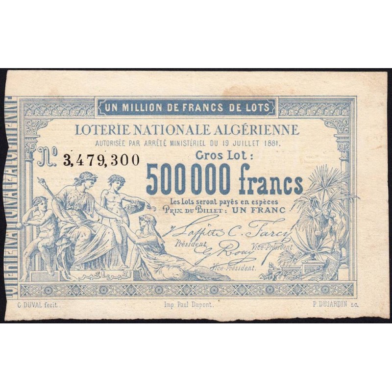 Algérie - Billet de loterie - 1 franc - 19/07/1881 - Etat : SUP