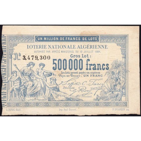 Algérie - Billet de loterie - 1 franc - 19/07/1881 - Etat : SUP