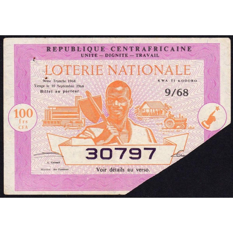 Centrafrique - Loterie - 100 francs - 5e tranche - 1967 - Etat : TTB+