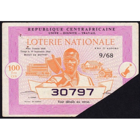 Centrafrique - Loterie - 100 francs - 5e tranche - 1967 - Etat : TTB+