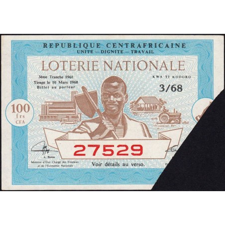 Centrafrique - Loterie - 100 francs - 3e tranche - 1968 - Etat : SUP+