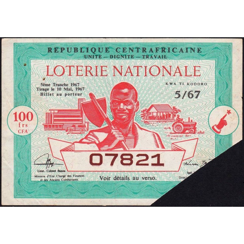 Centrafrique - Loterie - 100 francs - 9e tranche - 1968 - Etat : TTB+