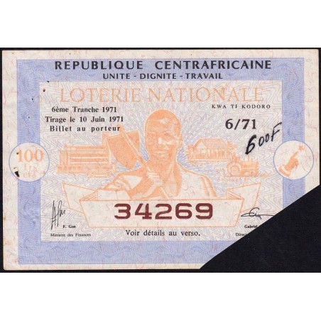 Centrafrique - Loterie - 100 francs - 6e tranche - 1971 - Etat : TTB+