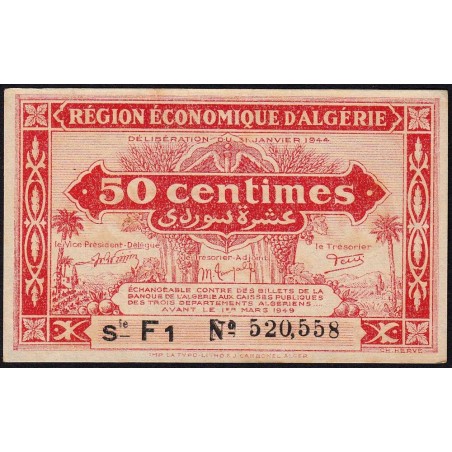 Algérie - Pick 97b - 50 centimes - Série F1 - 31/01/1944 - Etat : SUP