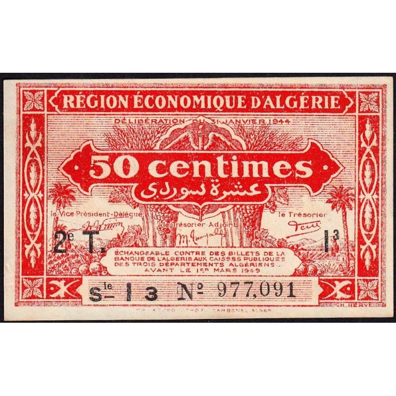 Algérie - Pick 100 - 50 centimes - Série I3 - 31/01/1944 - Etat : SPL+