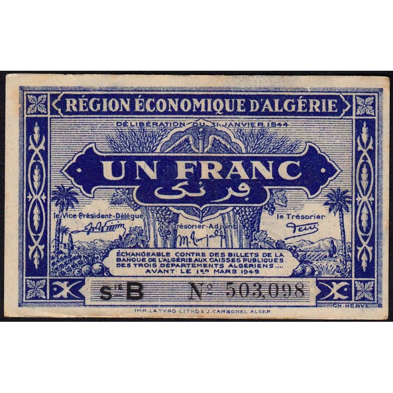 Algérie - Pick 98a - 1 franc - Série B - 31/01/1944 - Etat : SUP+