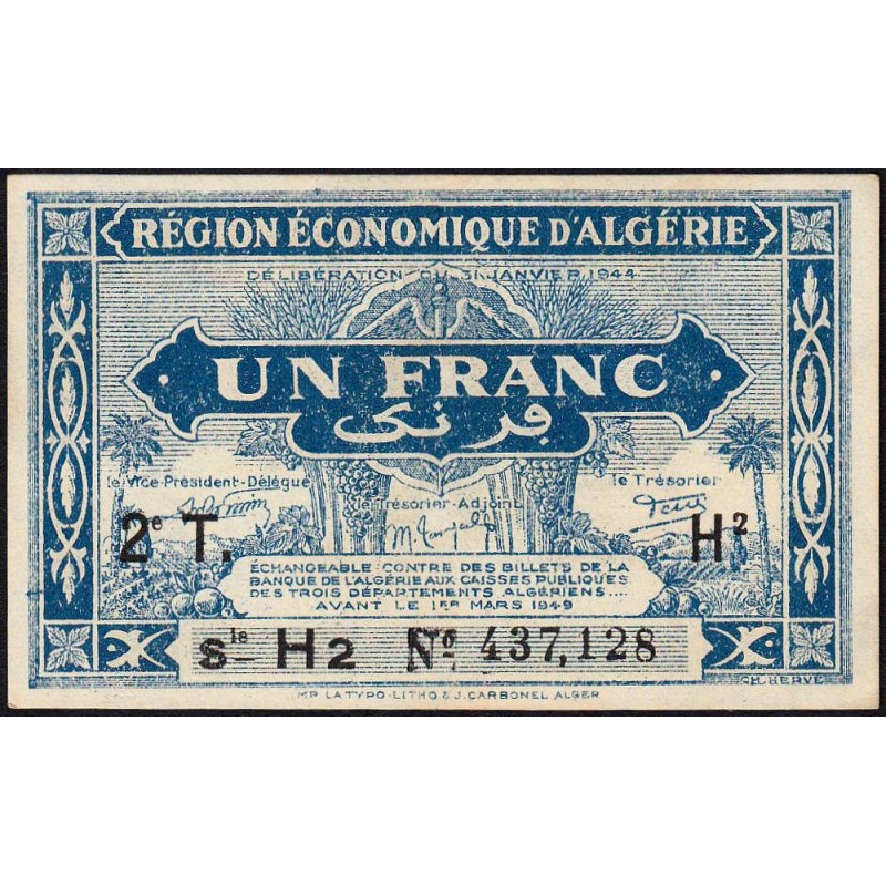 Algérie - Pick 101 - 1 franc - Série H2 - 31/01/1944 - Etat : SPL