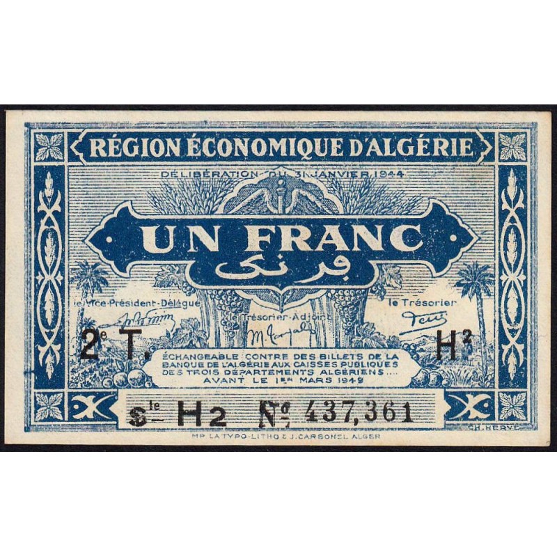Algérie - Pick 101 - 1 franc - Série H2 - 31/01/1944 - Etat : NEUF