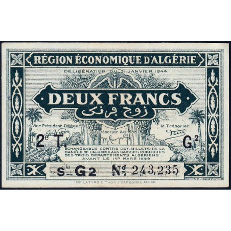 Algérie - Pick 102 - 2 franc - Série G2 - 31/01/1944 - Etat : pr.NEUF