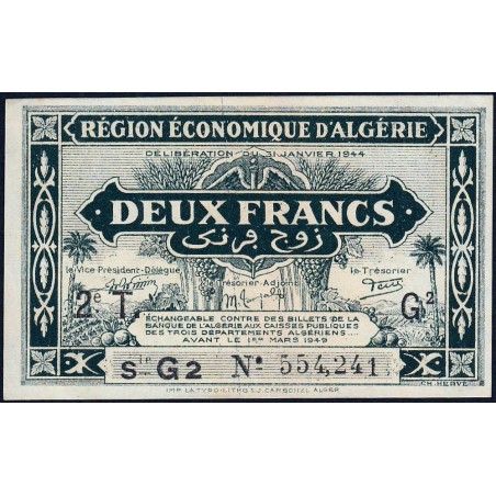 Algérie - Pick 102 - 2 franc - Série G2 - 31/01/1944 - Etat : NEUF