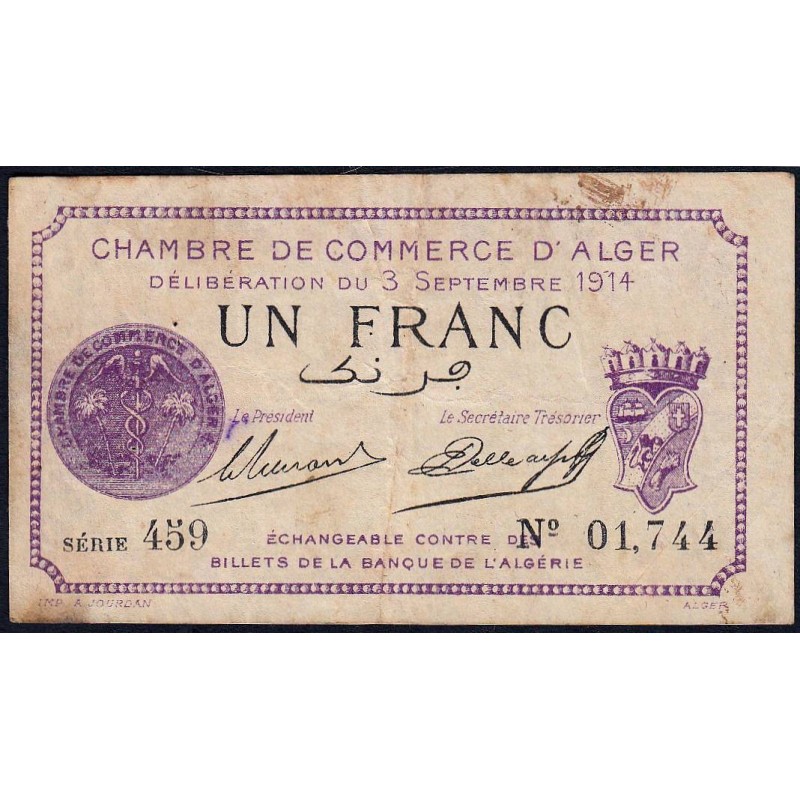 Algérie - Alger 137-1 - 1 franc - Série 459 - 03/09/1914 - Etat : B+