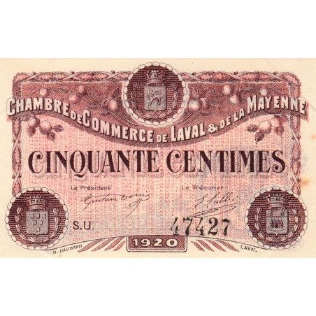 Laval (Mayenne) - Pirot 67-3 - 50 centimes - Série U - 1920 - Etat : SUP+