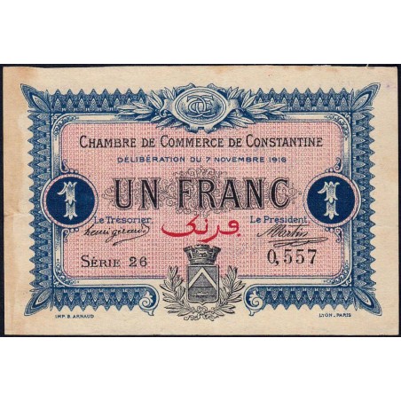 Algérie - Constantine 140-10 - 1 franc - Série 26 - 07/11/1916 - Etat : TTB
