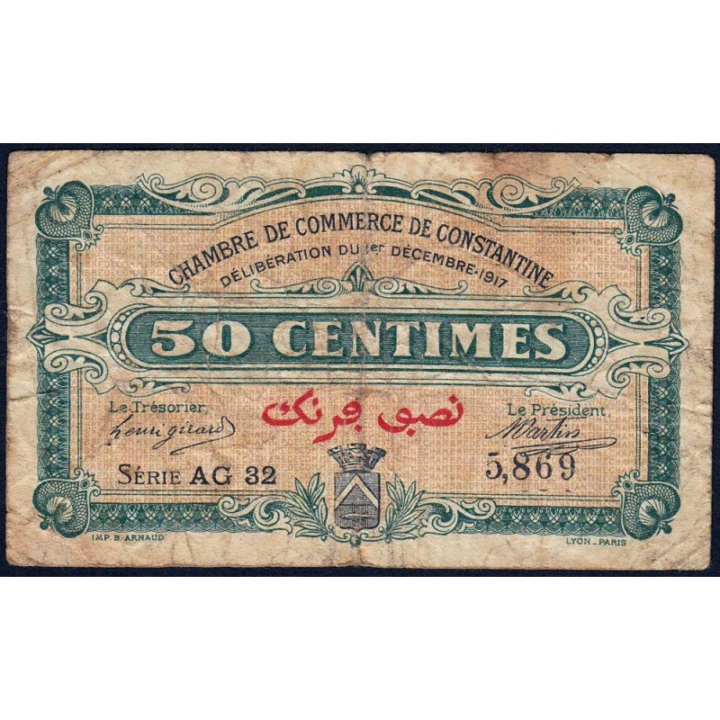 Algérie - Constantine 140-13 - 50 centimes - Série AG 32 - 01/12/1917 - Etat : B