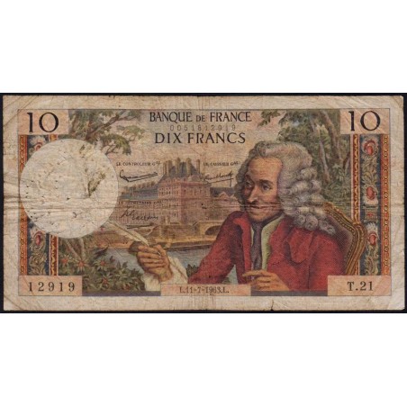 F 62-3 - 11/07/1963 - 10 francs - Voltaire - Série T.21 - Etat : B+