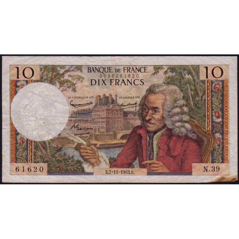 F 62-5 - 07/11/1963 - 10 francs - Voltaire - Série N.39 - Etat : TB