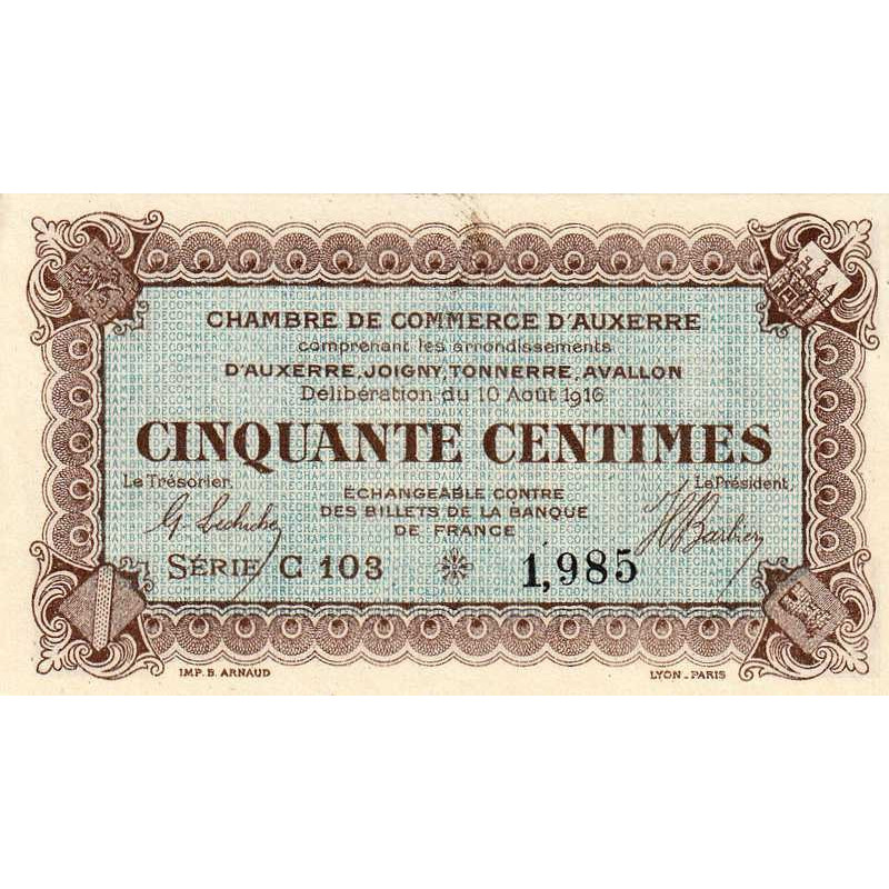 Auxerre - Pirot 17-11 - 50 centimes - Série C 103 - 10/08/1916 - Etat : SPL