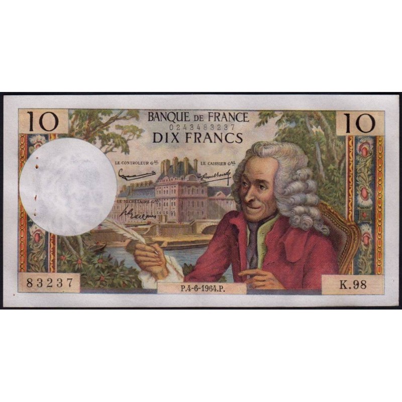 F 62-9 - 04/06/1964 - 10 francs - Voltaire - Série K.98 - Etat : SUP+