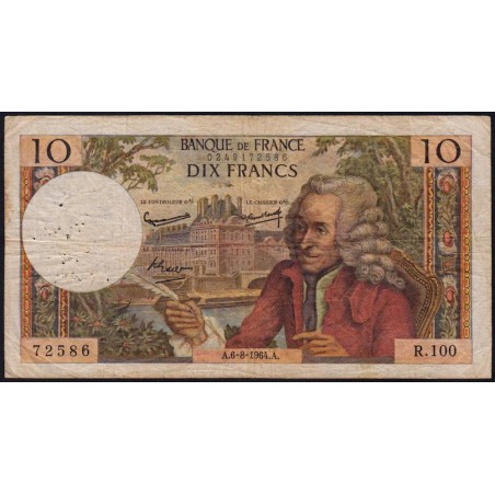 F 62-10 - 06/08/1964 - 10 francs - Voltaire - Série R.100 - Etat : TB-