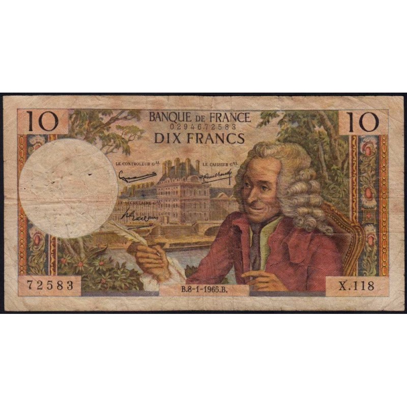 F 62-12 - 08/01/1965 - 10 francs - Voltaire - Série X.118 - Etat : B+