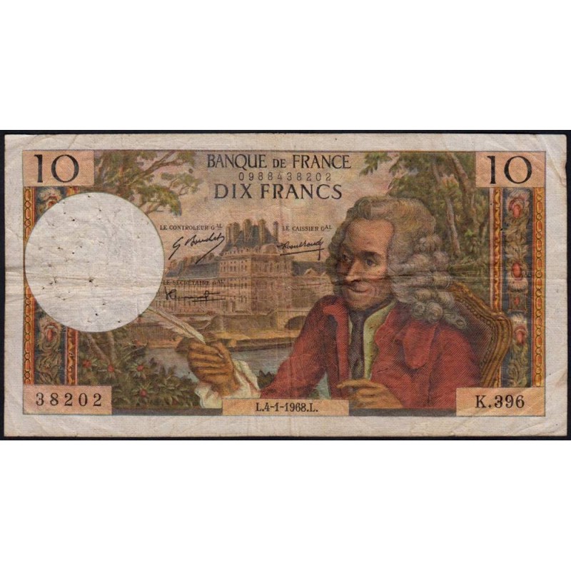 F 62-31 - 04/01/1968 - 10 francs - Voltaire - Série K.396 - Etat : TB-