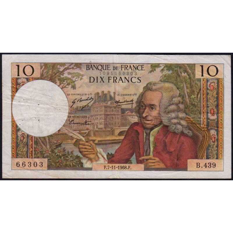 F 62-35 - 07/11/1968 - 10 francs - Voltaire - Série B.439 - Etat : TB+