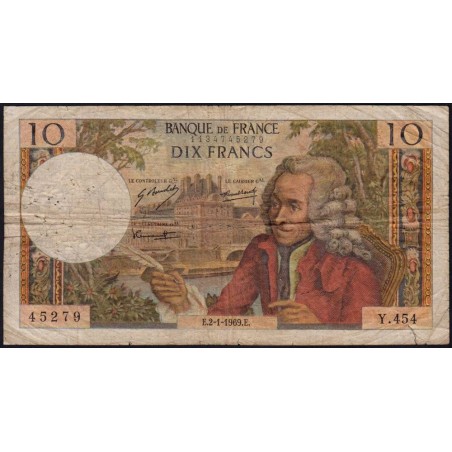 F 62-36 - 02/01/1969 - 10 francs - Voltaire - Série Y.454 - Etat : B+